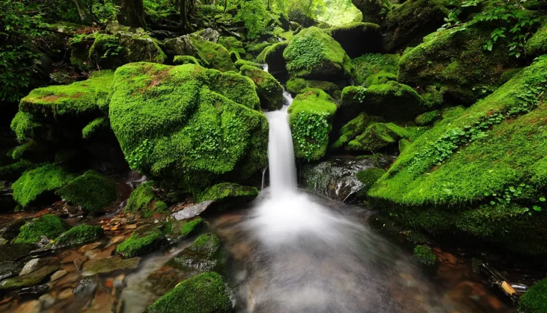 Spring water emerging from bright green mossy rocks.