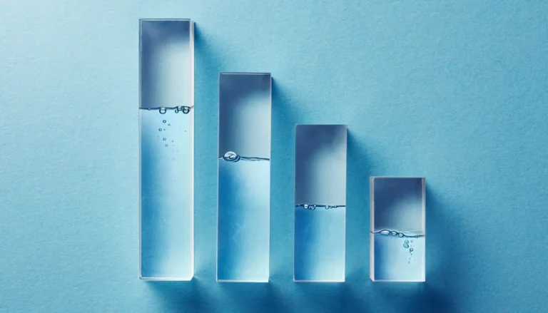 Transparent bar graphs filled with water depicting distilled water shortage.
