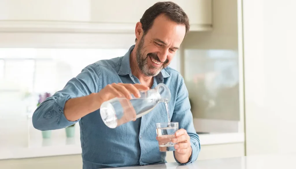 A smiling man standing in a kitchen pours the purest water from a carafe into a glass.
