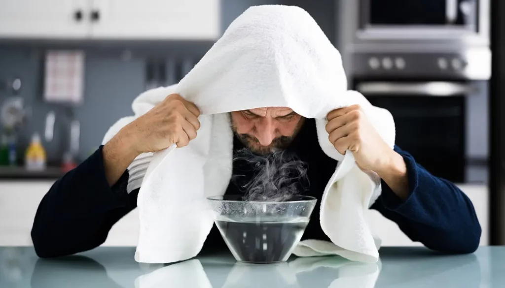 Man doing steam therapy for lungs with a towel on his head.