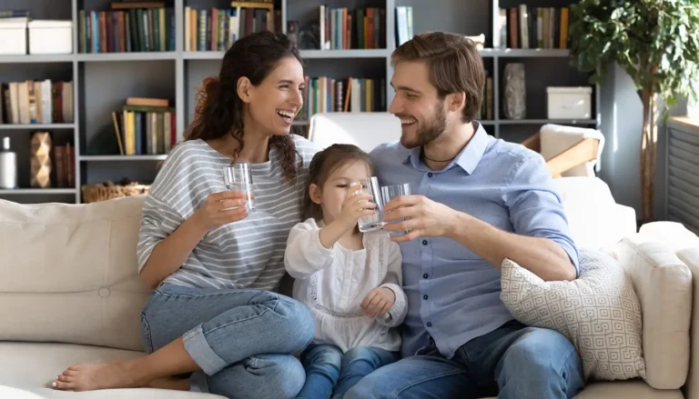 Happy young parents drinking distilled water with their young daughter on a sofa.