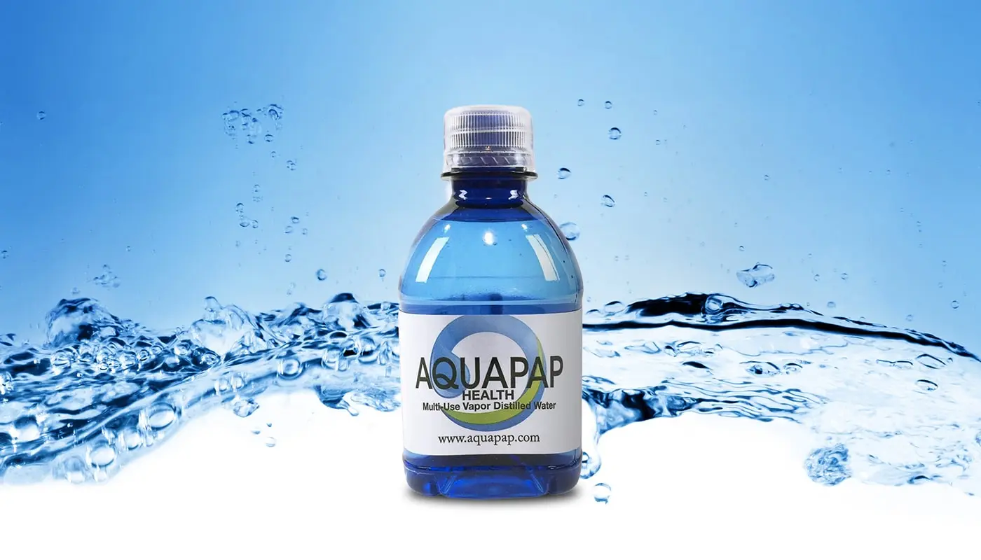 Aquapap vapor distilled water bottle.